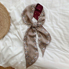 Floral Print Satin Twilly Scarf Hair Ribbon Silk Double Layer Neckwear