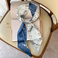 Floral Print Satin Twilly Scarf Hair Ribbon Silk Double Layer Neckwear