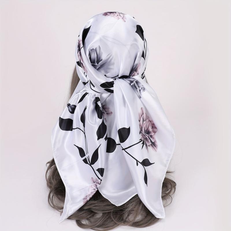Flower Print Bandana Satin Hijab Silk Square Scarf Vintage Turban