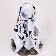 Flower Print Bandana Satin Hijab Silk Square Scarf Vintage Turban