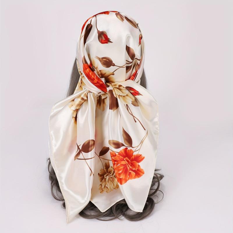 Flower Print Bandana Satin Hijab Silk Square Scarf Vintage Turban