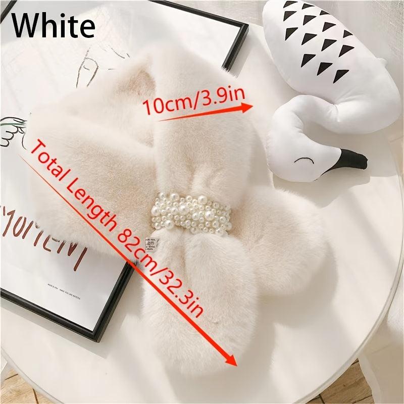Plush Scarf Rabbit Fur Faux Pearl Winter Warm Cross Scarf