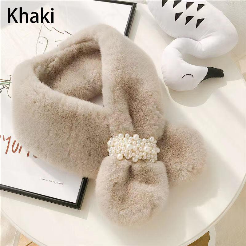 Plush Scarf Rabbit Fur Faux Pearl Winter Warm Cross Scarf