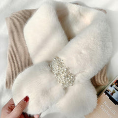 Plush Scarf Rabbit Fur Faux Pearl Winter Warm Cross Scarf