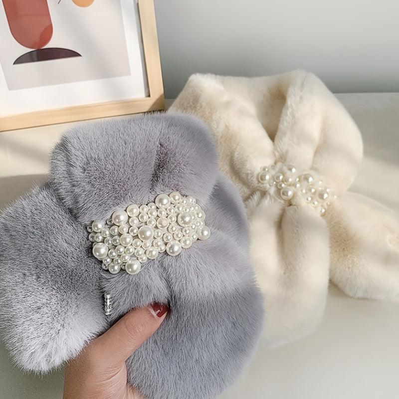 Plush Scarf Rabbit Fur Faux Pearl Winter Warm Cross Scarf