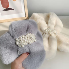 Plush Scarf Rabbit Fur Faux Pearl Winter Warm Cross Scarf