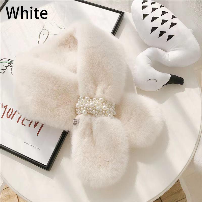 Plush Scarf Rabbit Fur Faux Pearl Winter Warm Cross Scarf