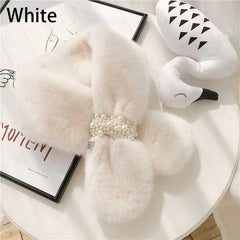 Plush Scarf Rabbit Fur Faux Pearl Winter Warm Cross Scarf