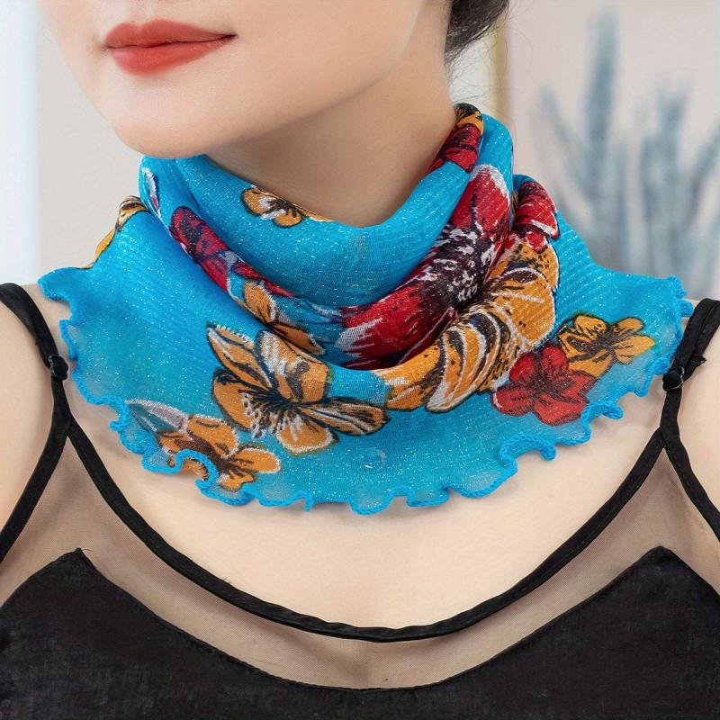 Flower Print Scarf Ruffles Thin Gauze Neck Gaiter Ear Loop Veil Headband