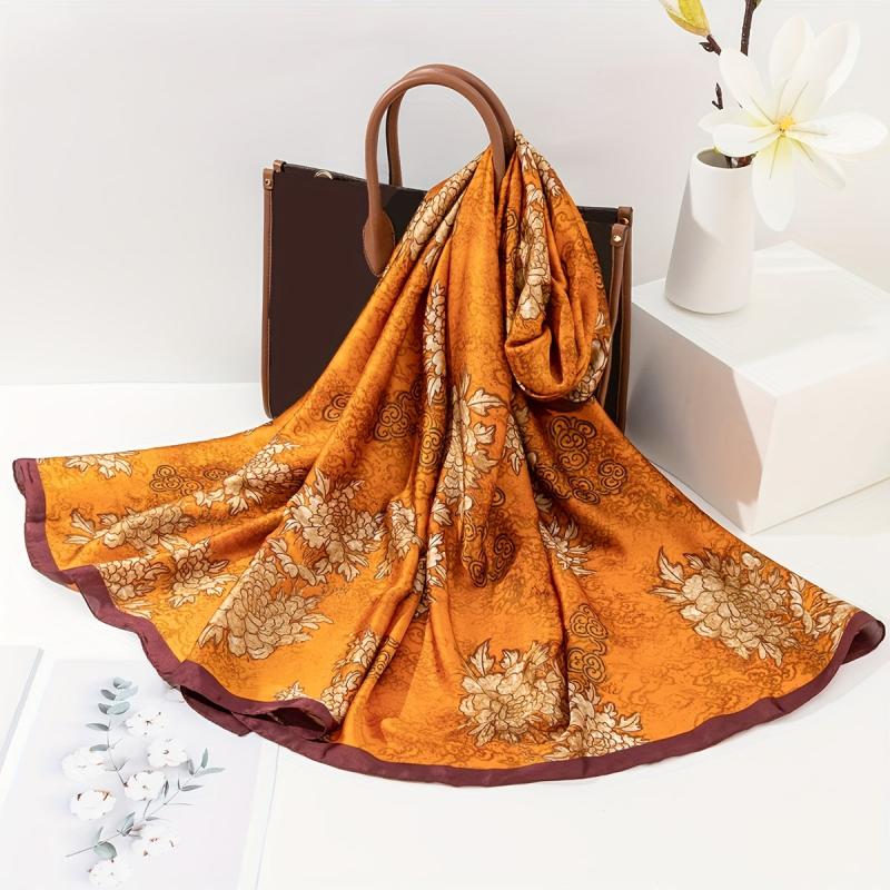 Peony Flower Print Scarf Vintage Head Wrap Silky Shawl For Women