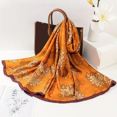 Peony Flower Print Scarf Vintage Head Wrap Silky Shawl For Women