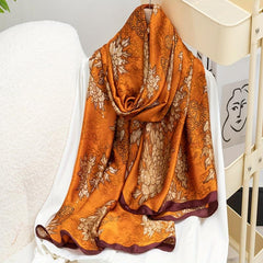 Peony Flower Print Scarf Vintage Head Wrap Silky Shawl For Women