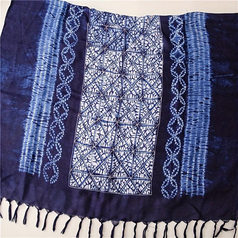 Tie Dyed Tassel Scarf Vintage Print Shawl Boho Windproof Head Wrap