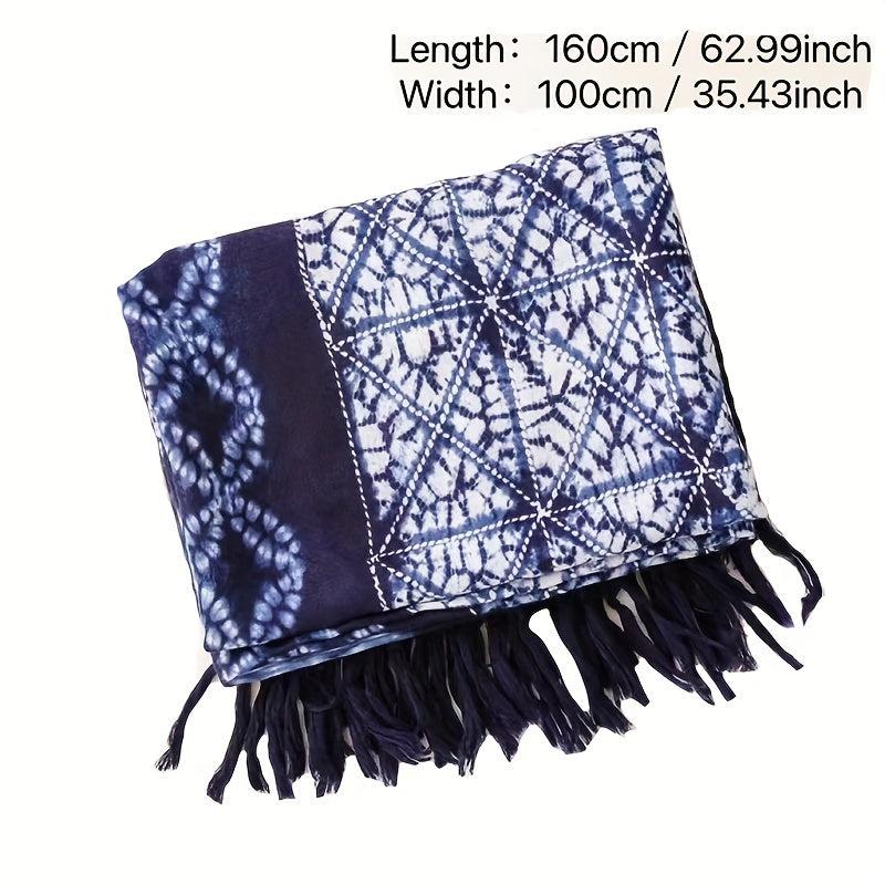 Tie Dyed Tassel Scarf Vintage Print Shawl Boho Windproof Head Wrap