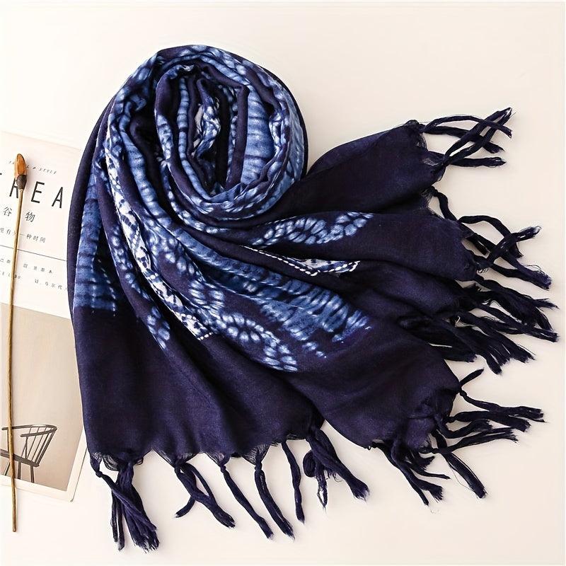 Tie Dyed Tassel Scarf Vintage Print Shawl Boho Windproof Head Wrap