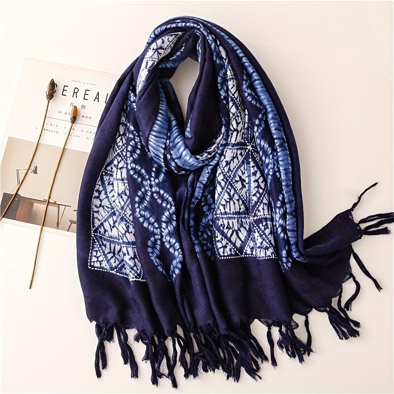 Tie Dyed Tassel Scarf Vintage Print Shawl Boho Windproof Head Wrap