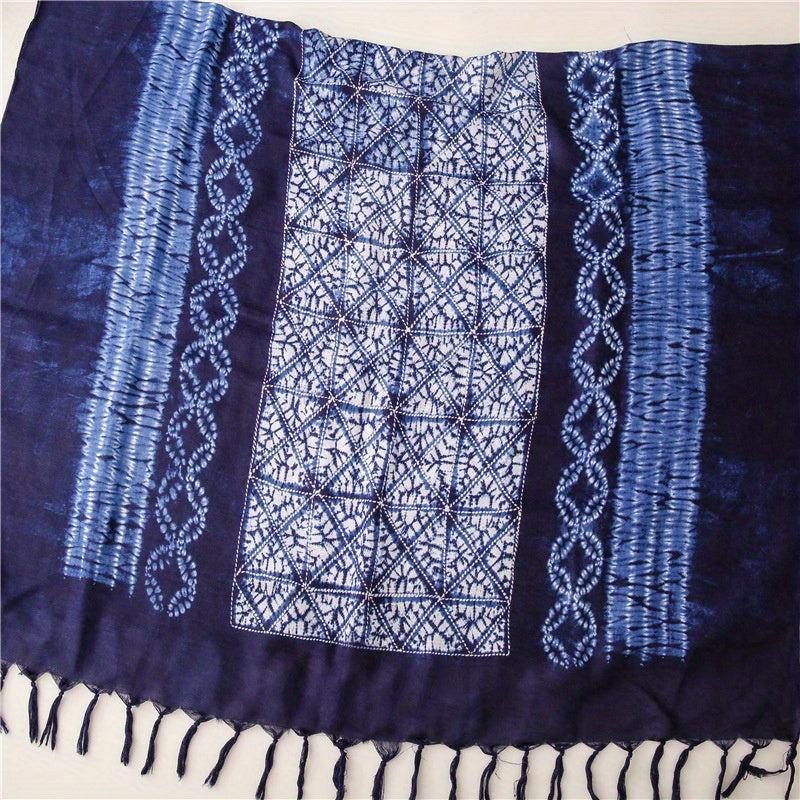 Tie Dyed Tassel Scarf Vintage Print Shawl Boho Windproof Head Wrap