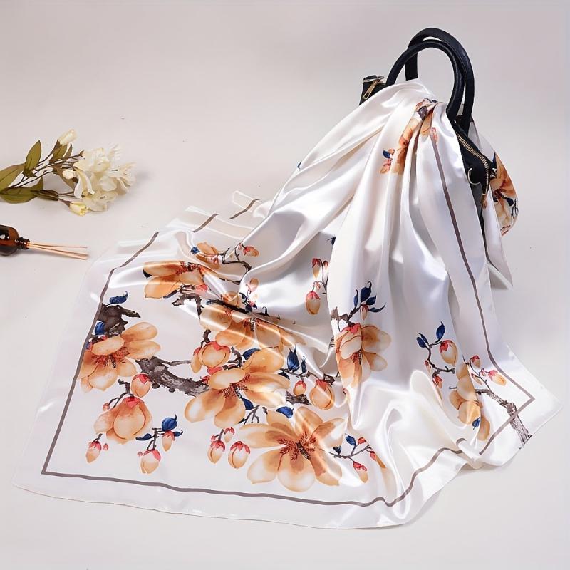 Flower Print Square Scarf Silk Shawl Sunscreen Head Wraps Hijab
