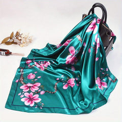 Flower Print Square Scarf Silk Shawl Sunscreen Head Wraps Hijab