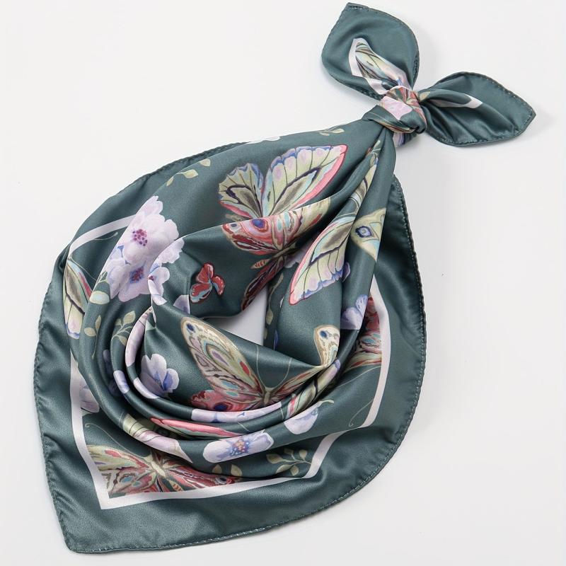Dark Green Butterfly Print Bandana Casual Square Scarf Women Neckerchief