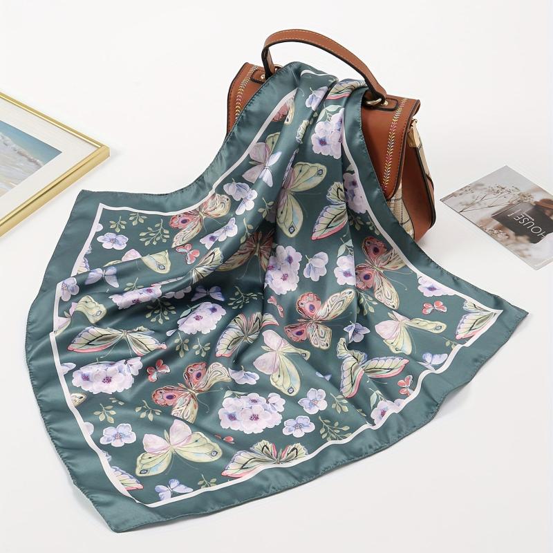 Dark Green Butterfly Print Bandana Casual Square Scarf Women Neckerchief