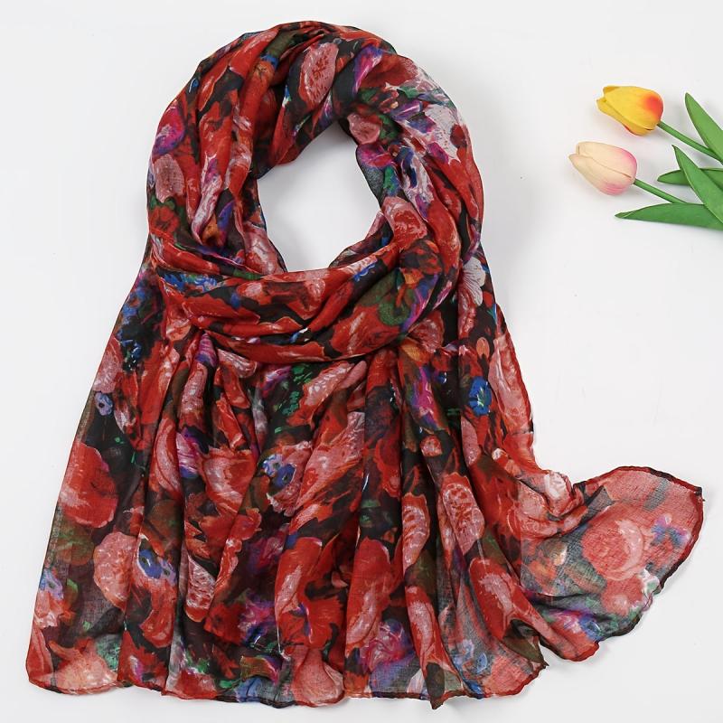Vintage Flower Print Thin Scarf Shawl Red Beach Towel Yarn Scarf