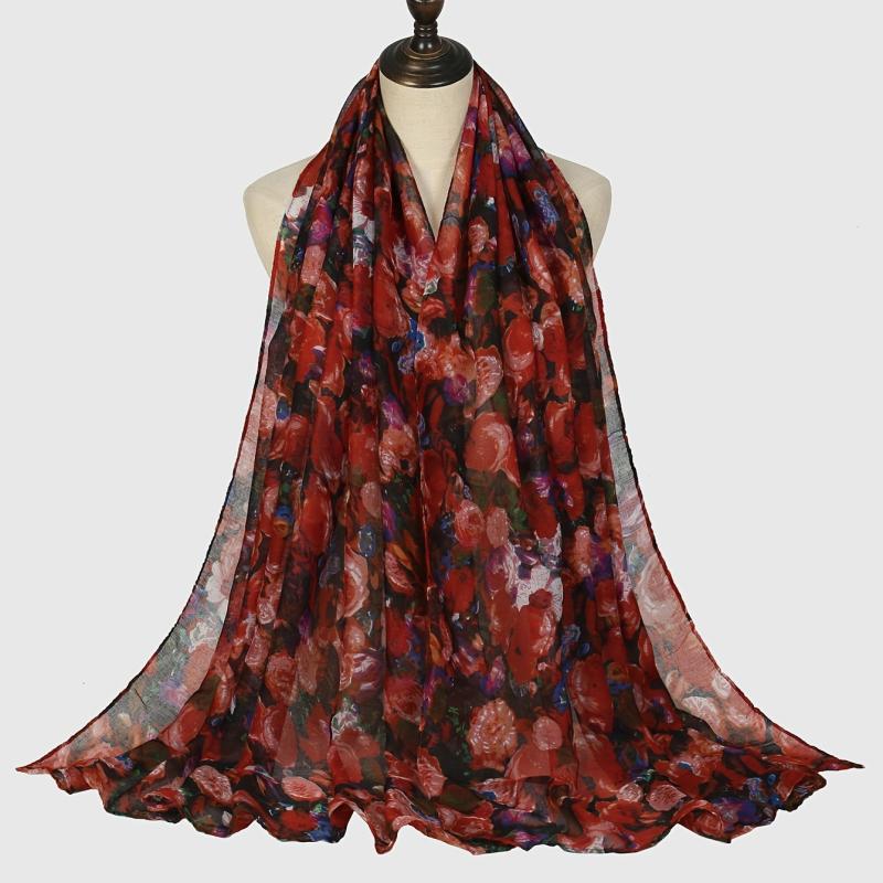 Vintage Flower Print Thin Scarf Shawl Red Beach Towel Yarn Scarf