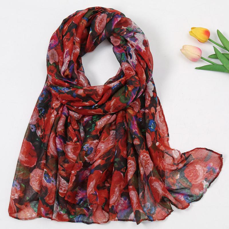 Vintage Flower Print Thin Scarf Shawl Red Beach Towel Yarn Scarf