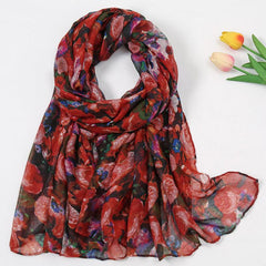 Vintage Flower Print Thin Scarf Shawl Red Beach Towel Yarn Scarf