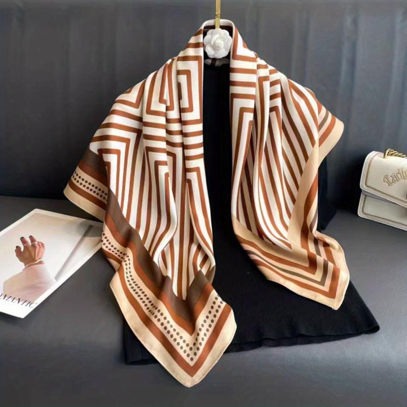 Striped Print Silk Square Scarf Women Head Wrap Sunscreen Shawl
