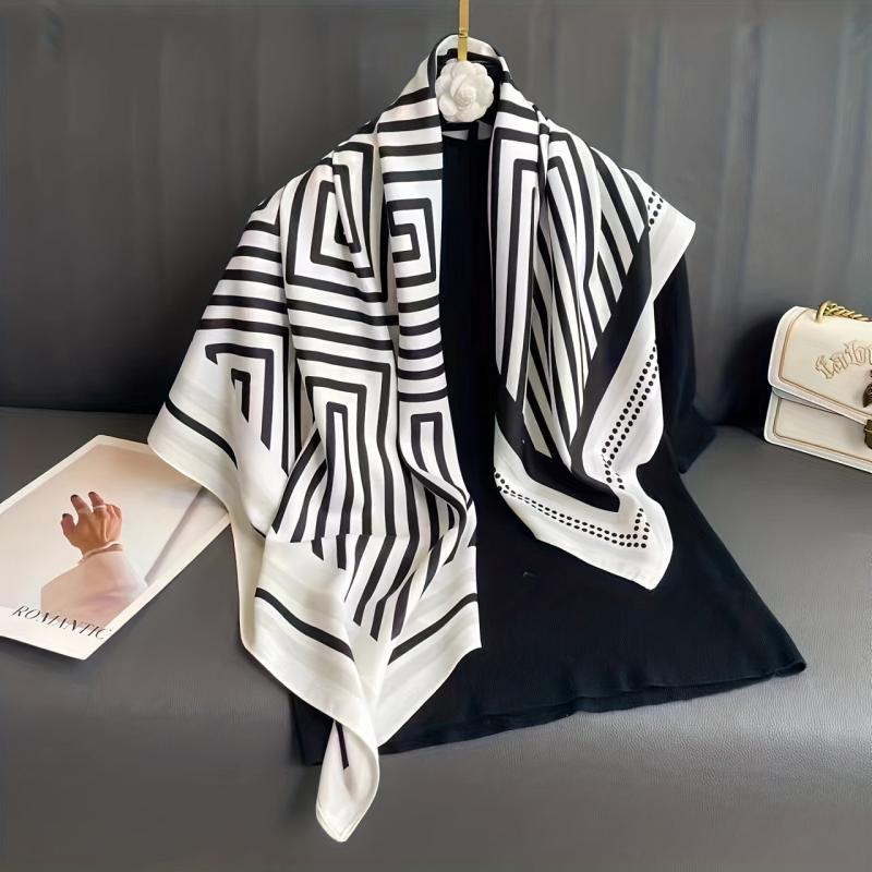 Striped Print Silk Square Scarf Women Head Wrap Sunscreen Shawl