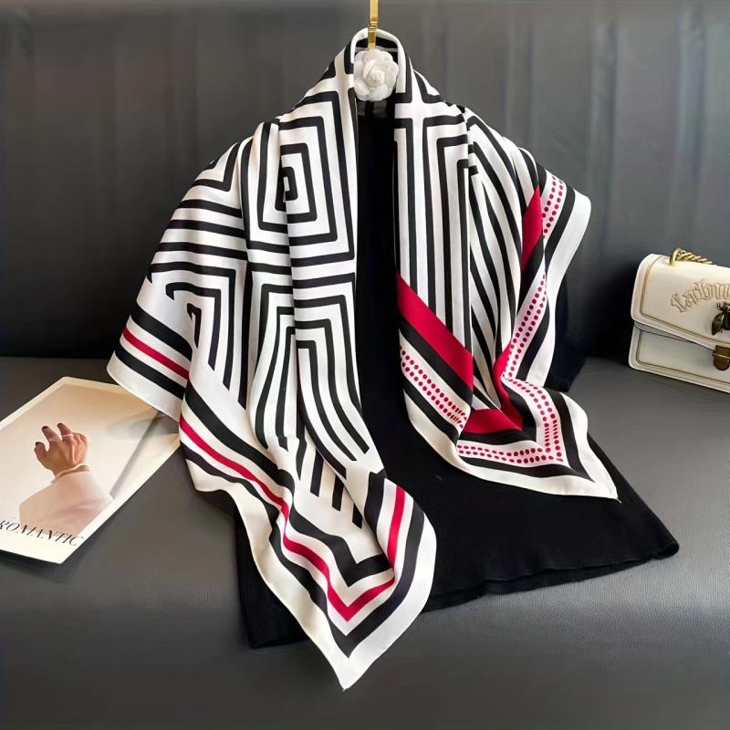 Striped Print Silk Square Scarf Women Head Wrap Sunscreen Shawl