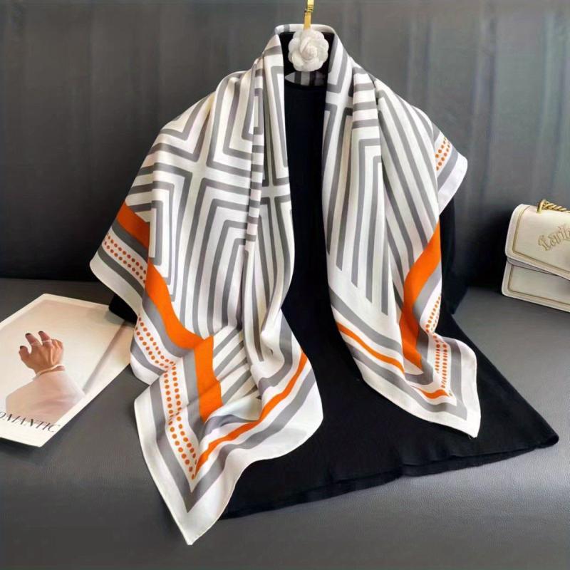 Striped Print Silk Square Scarf Women Head Wrap Sunscreen Shawl