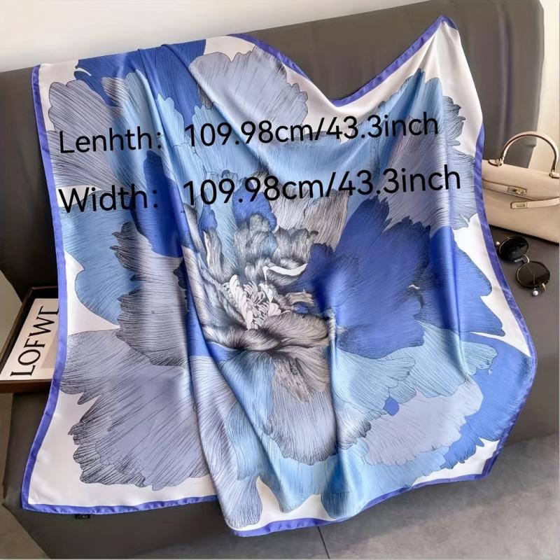 Flower Print Square Scarf Large Satin Shawl Vintage Neckerchief