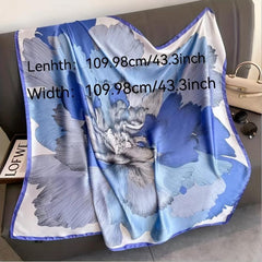 Flower Print Square Scarf Large Satin Shawl Vintage Neckerchief