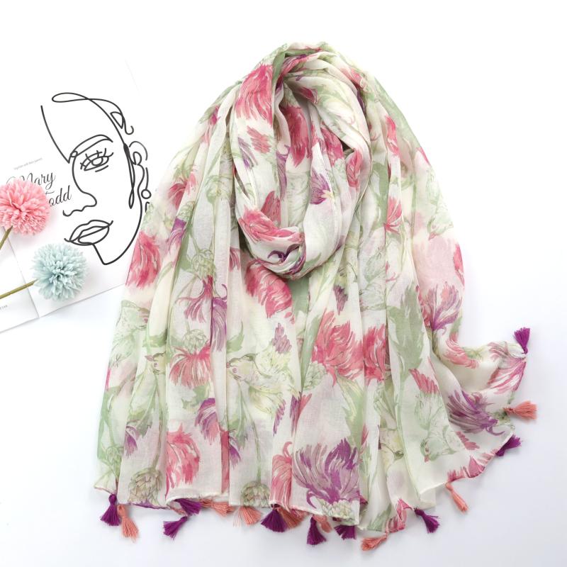 Floral Fringe Trim Scarf Shawl Wrap Head Wrap Casual Decoration Gift