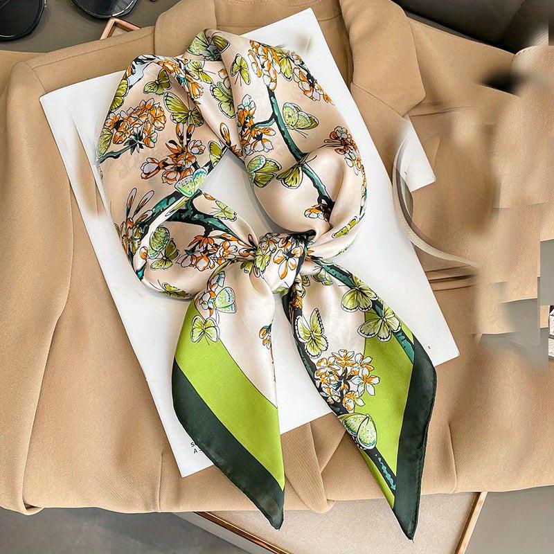 Floral Butterfly Print Neckerchief Square Scarf Silk Bandana Women Head Wrap