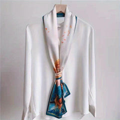 Satin Ribbon Long Small Silk Scarf with Lake Golden Deer Print Neck Scarf