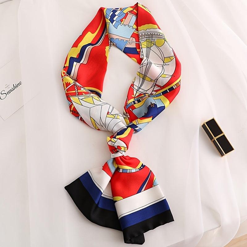 Satin Ribbon Long Small Silk Scarf with Lake Golden Deer Print Neck Scarf