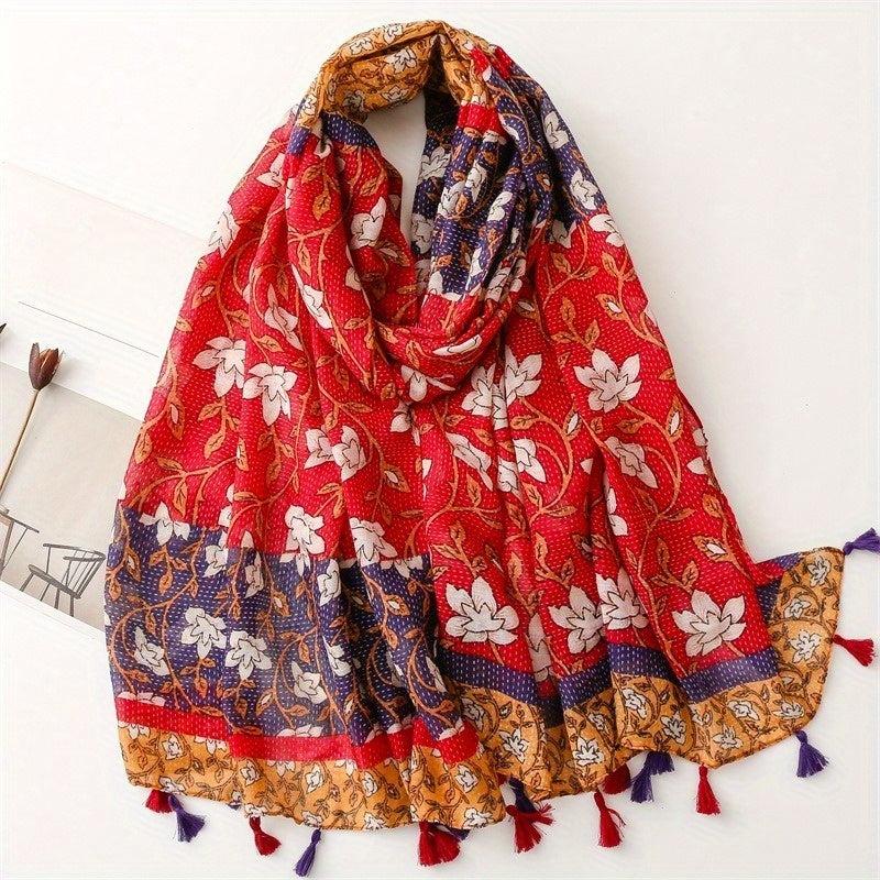 Flower Print Voile Scarf Tassel Shawl Boho Windproof Head Wrap Sunscreen