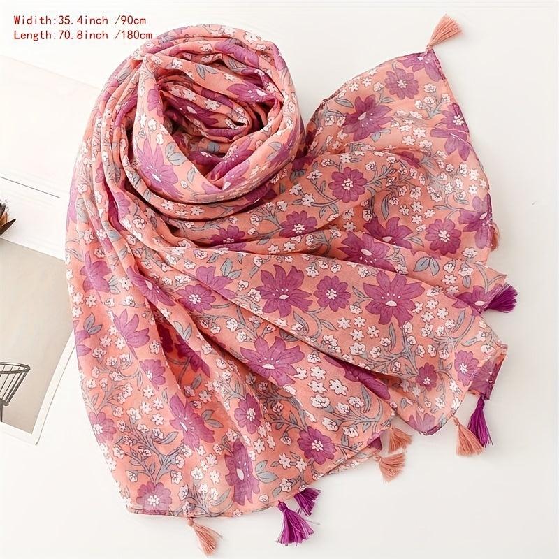 Flower Print Voile Scarf Tassel Shawl Boho Windproof Head Wrap Sunscreen