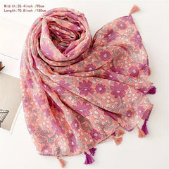 Flower Print Voile Scarf Tassel Shawl Boho Windproof Head Wrap Sunscreen