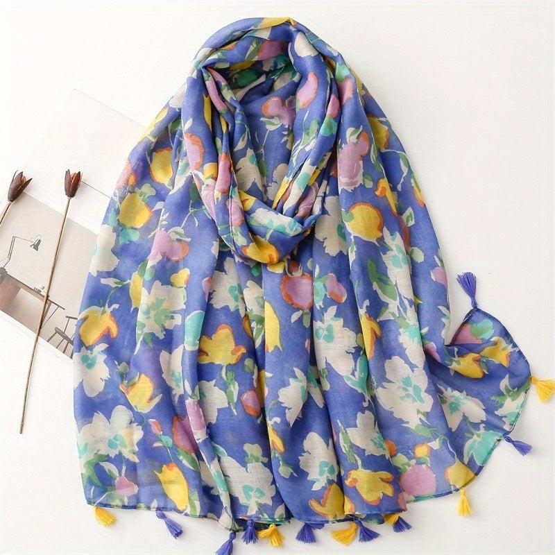 Flower Print Voile Scarf Tassel Shawl Boho Windproof Head Wrap Sunscreen