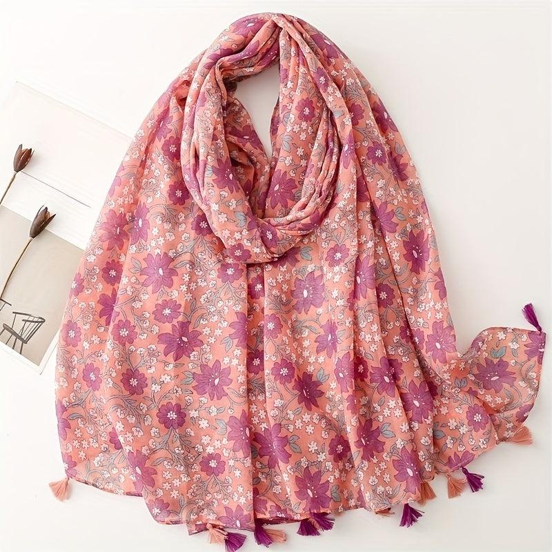 Flower Print Voile Scarf Tassel Shawl Boho Windproof Head Wrap Sunscreen