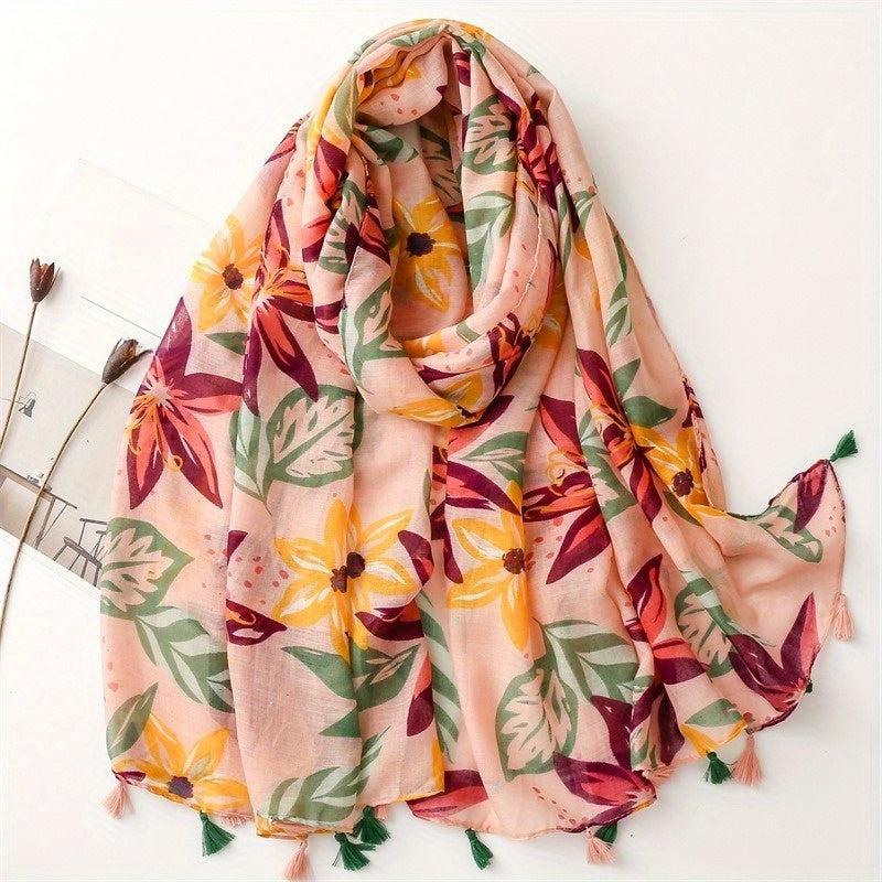 Flower Print Voile Scarf Tassel Shawl Boho Windproof Head Wrap Sunscreen