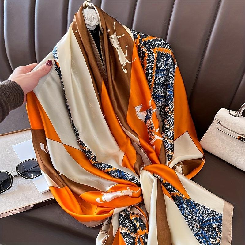 Vintage Plaid Horse Print Scarf Satin Shawl