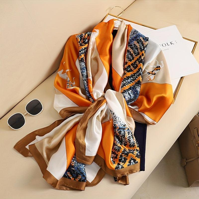 Vintage Plaid Horse Print Scarf Satin Shawl