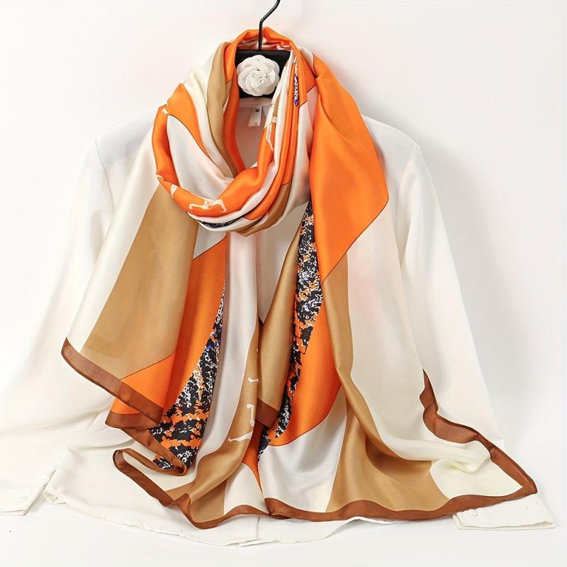 Vintage Plaid Horse Print Scarf Satin Shawl