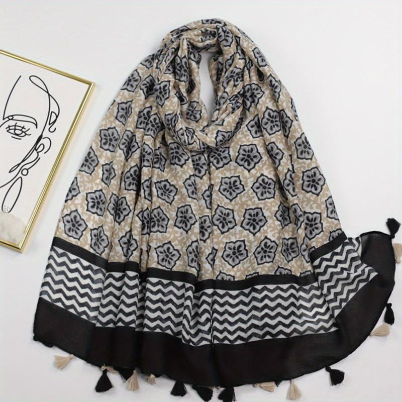 Geometric Floral Print Tassel Scarf Vintage Striped Shawl