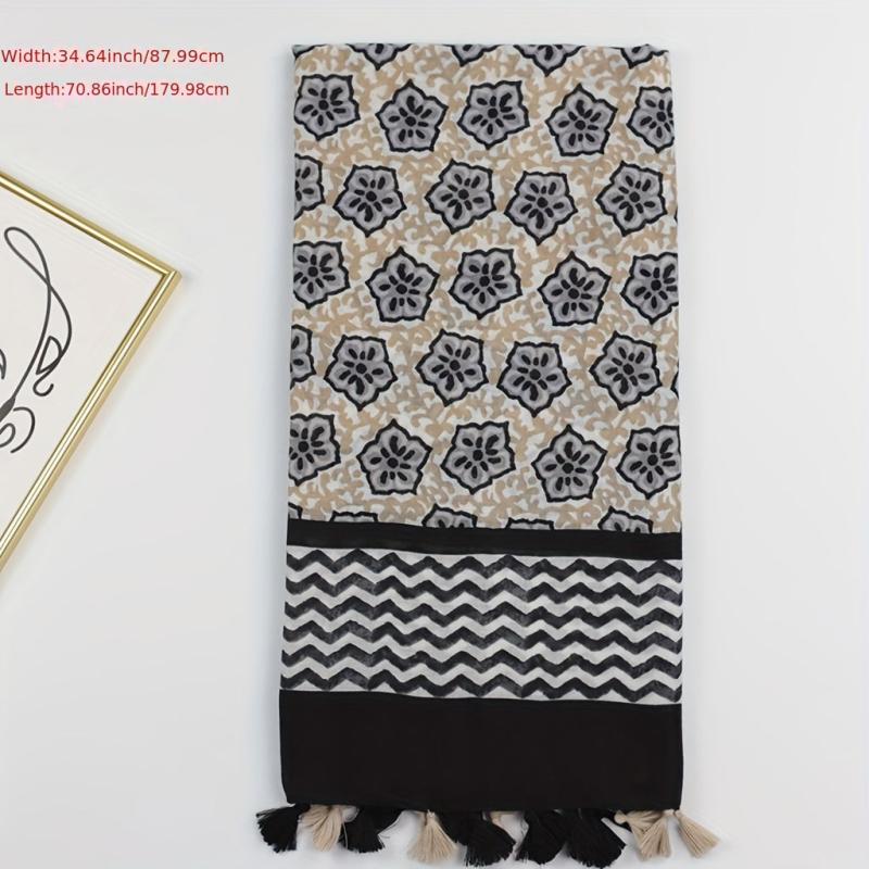 Geometric Floral Print Tassel Scarf Vintage Striped Shawl